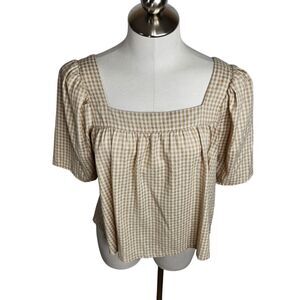 Treasure & Bond Womens XS Puff Sleeve‎ Square Neck Blouse Tan Sesame Sarah Check